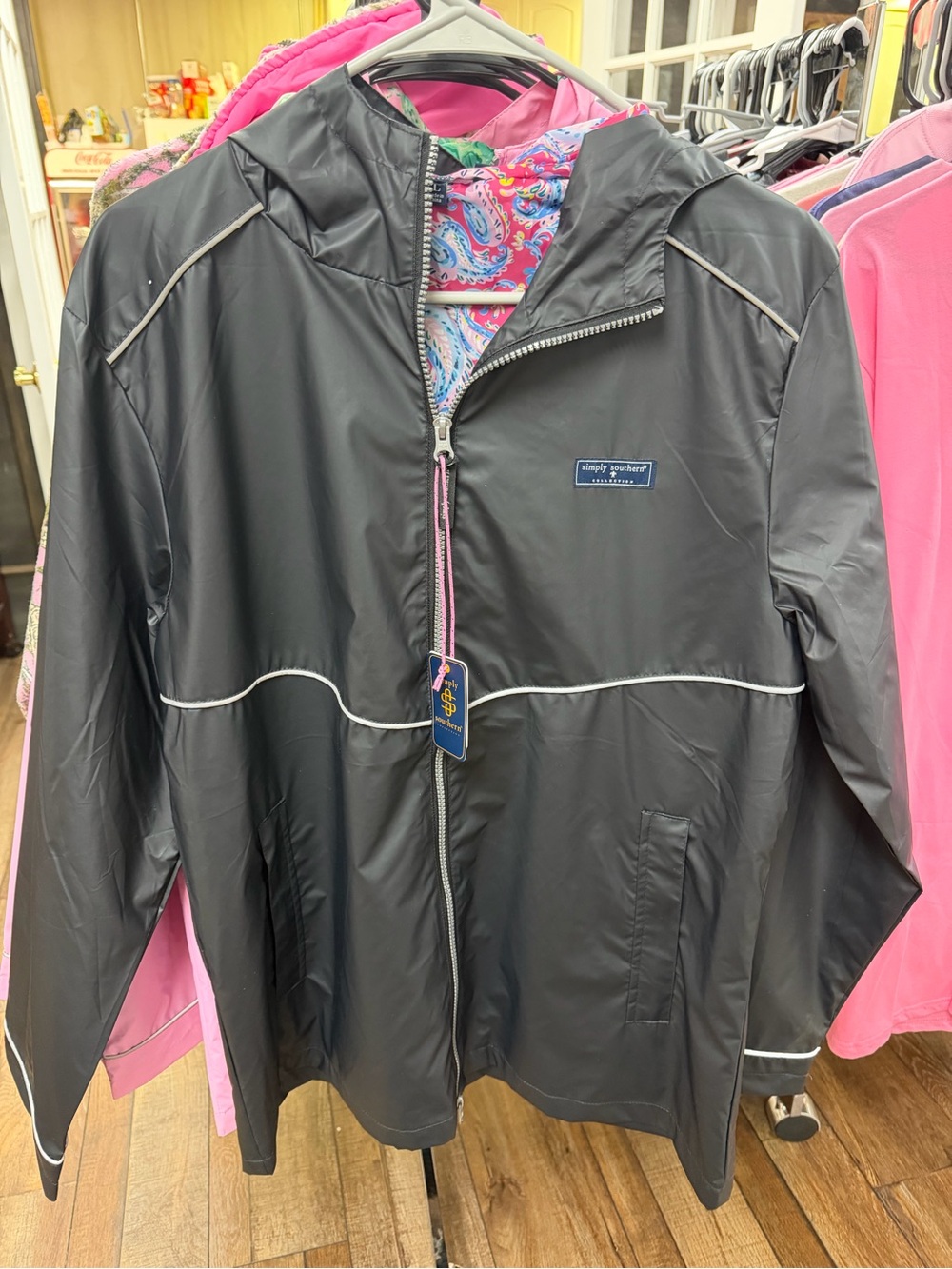 Simply Southern Black Hooded Rain Jacket with Paisley Lining